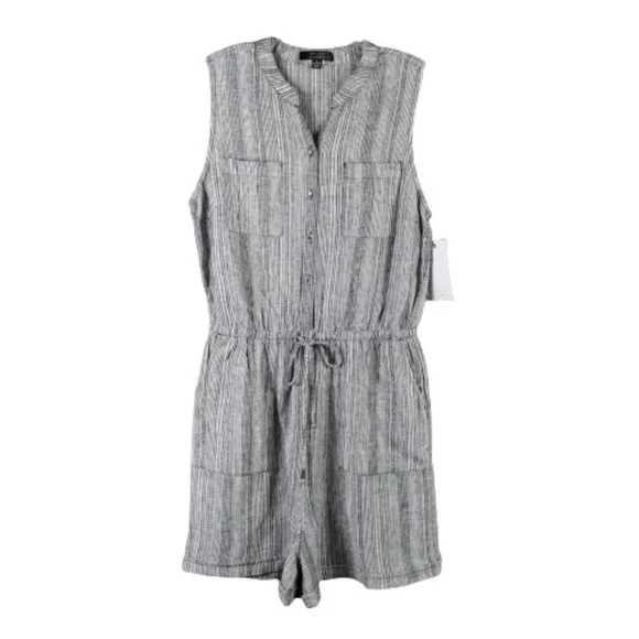 Kelly Renee Womens Linen Blend Striped Sleeveless Black/White Shorts Romper Sz S - Picture 2 of 11